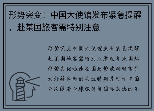 形势突变！中国大使馆发布紧急提醒，赴某国旅客需特别注意