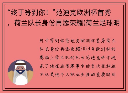 “终于等到你！”范迪克欧洲杯首秀，荷兰队长身份再添荣耀(荷兰足球明星范迪克)