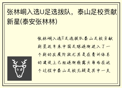 张林峒入选U足选拔队，泰山足校贡献新星(泰安张林林)