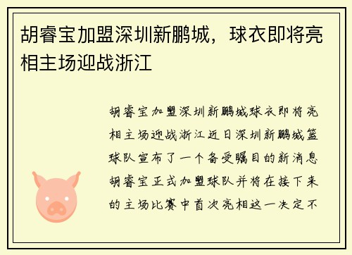 胡睿宝加盟深圳新鹏城，球衣即将亮相主场迎战浙江
