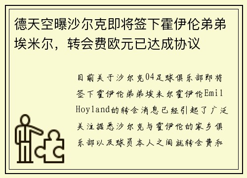德天空曝沙尔克即将签下霍伊伦弟弟埃米尔，转会费欧元已达成协议