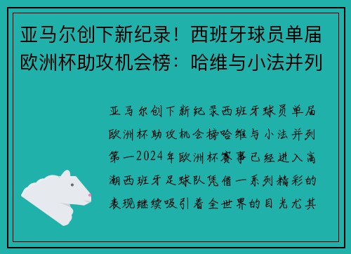 亚马尔创下新纪录！西班牙球员单届欧洲杯助攻机会榜：哈维与小法并列第一