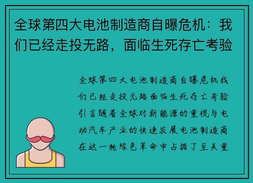 全球第四大电池制造商自曝危机：我们已经走投无路，面临生死存亡考验