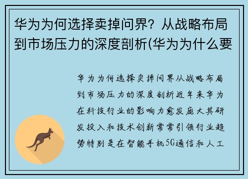 华为为何选择卖掉问界？从战略布局到市场压力的深度剖析(华为为什么要出售)