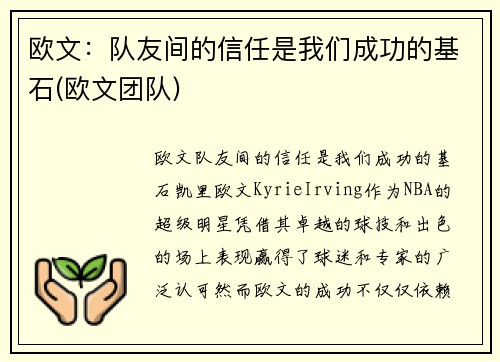 欧文：队友间的信任是我们成功的基石(欧文团队)