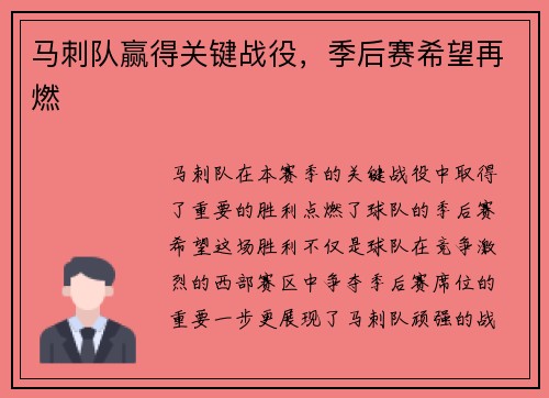 马刺队赢得关键战役，季后赛希望再燃