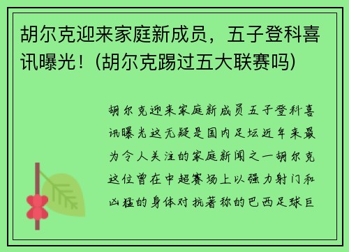 胡尔克迎来家庭新成员，五子登科喜讯曝光！(胡尔克踢过五大联赛吗)