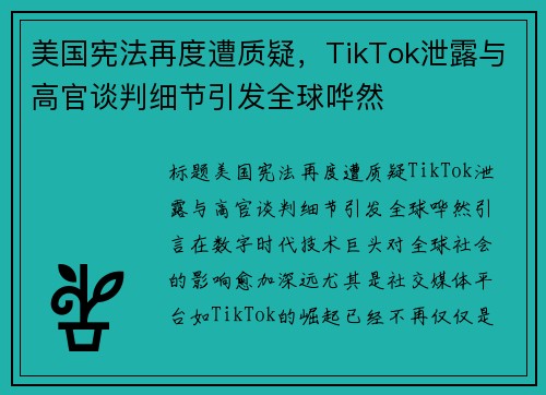 美国宪法再度遭质疑，TikTok泄露与高官谈判细节引发全球哗然