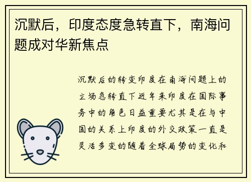沉默后，印度态度急转直下，南海问题成对华新焦点